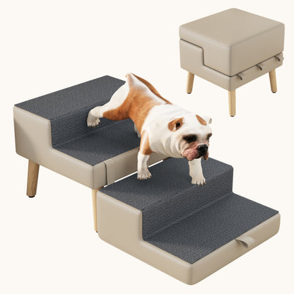 Light Grey 2-in-1 Foldable Wooden Pet Ottoman Dog Stairs, Anti-Slip Pet Ramp for Puppies & Small Dogs