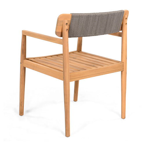 CREATIVE BRAIDED ACACIA WOOD OUTDOOR DINING CHAIRS WITH ARMRESTS, SUITABLE FOR OUTDOOR DINING AND LEISURE PLACES, TEAK LOOK & GREY ROPE,SET OF 2