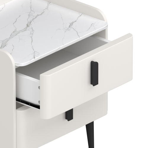 Nightstand with 2 Drawers, Night Stand with Marble-Pattern Tabletop, Modern Beside Table for Bedroom, End Table for Living Room, White