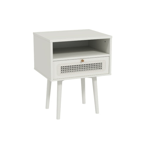 Cream White Dual-Tier Woven Nightstand