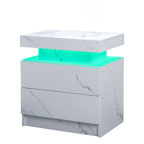 Nightstand LED Bedside Table Cabinet Lights Modern End Side with 2 Drawers for Bedroom (White Stone)