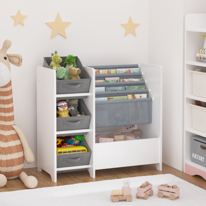 White 4-Tier Kids Bookshelf With 3 Collapsible Fabric Drawers Multi-Functional Toy Book Storage Organizer