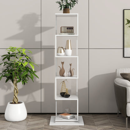 5-Tier 360° Rotating Bookshelf Wood Veneer & Acrylic Panel Anti-Tip Base Modern Home Display Storage Rack