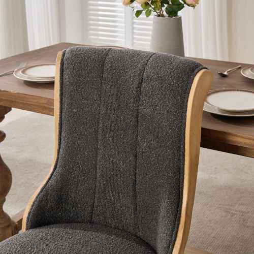 Set of 2 Gray Snow Velvet Mid-Century Dining Chairs, Curved Solid Wood Trim & Sculpted Leg Accent Chairs