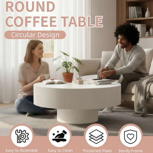 White Round Fluted Pedestal Coffee Table, Mid-Century Modern