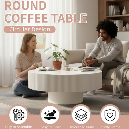 White Round Fluted Pedestal Coffee Table, Mid-Century Modern