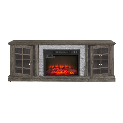 70 Inch TV Stand with Electric Fireplace Grey Faux Stone Entertainment Center