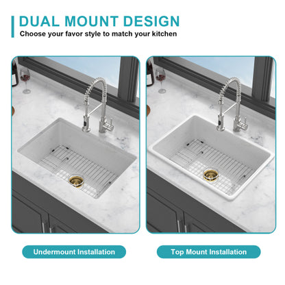 27"x19"x10" Undermount Single Bowl Fireclay Kitchen Sink - Dual Mount White Porcelain Fireclay Rectangular Deep Single Bowl Sink Basin