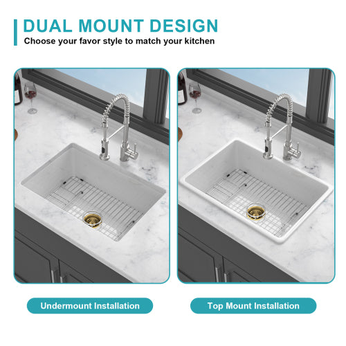 27"x19"x10" Undermount Single Bowl Fireclay Kitchen Sink - Dual Mount White Porcelain Fireclay Rectangular Deep Single Bowl Sink Basin