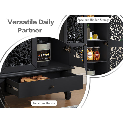 55 Inch Rustic Storage Cabinet with Drawer Carved Doors Black Accent Cabinet