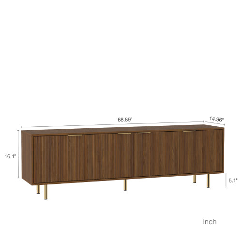 68 Inch wood Fluted MDF TV Stand with Gold Metal Legs 4 Storage Cabinets for 55+ Inch TV