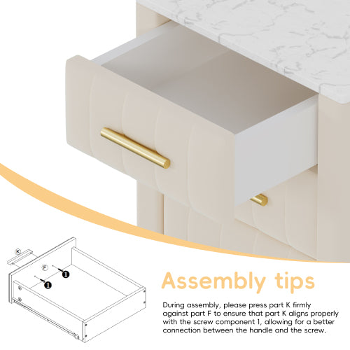 Upholstered Wooden Nightstand with 3 Drawers and Metal Legs&Handles, Bedside Table with Marbling Stickers Worktop - Beige