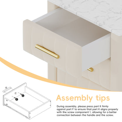 Upholstered Wooden Nightstand with 3 Drawers and Metal Legs&Handles, Bedside Table with Marbling Stickers Worktop - Beige