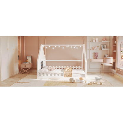Full Size Wood House Bed with Window and Fence, White