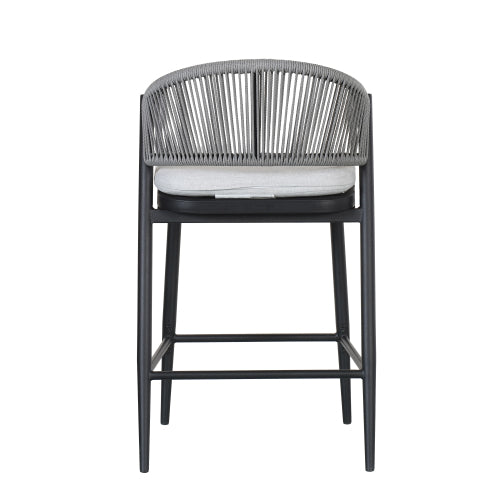 Outdoor 26" Seat Height Metal Frame Counter Stools with PE Rattan Scallop-shaped Backrest, Set of 2, Matte Black