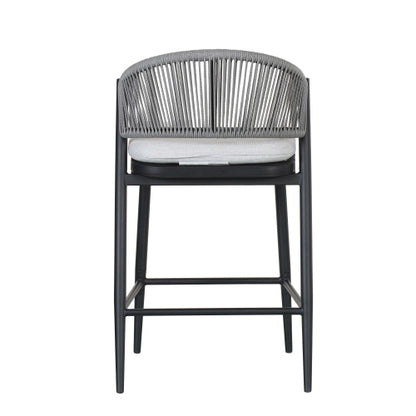 Outdoor 26" Seat Height Metal Frame Counter Stools with PE Rattan Scallop-shaped Backrest, Set of 2, Matte Black