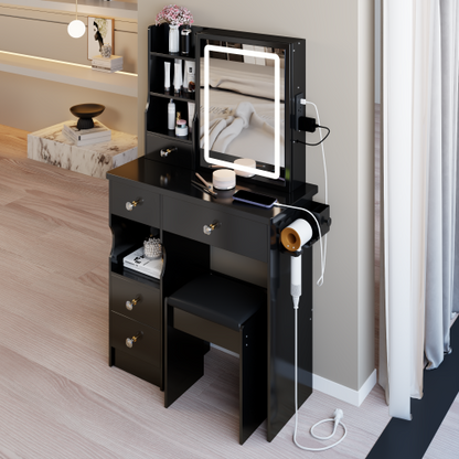 29.2" Small Size Left Drawer Desktop Vanity Table + Cushioned Stool, 2 AC+2 USB Power Station, Hair dryer bracket, Extra Large Touch Control Sliding LED Mirror, Tri-color Switching, Brightness Adjust