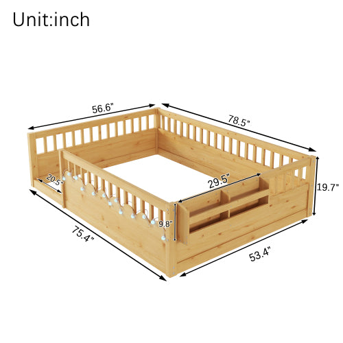 Full Montessori Floor Bed Frame with High Rails, Wood Kids Floor Beds with Light and Storage Shelf, Natural