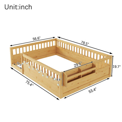 Full Montessori Floor Bed Frame with High Rails, Wood Kids Floor Beds with Light and Storage Shelf, Natural