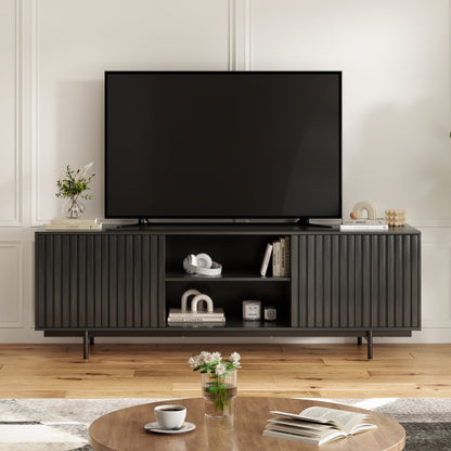63 Inch Mid Century Fluted Retro Pop-Up Door TV Stand for 75 Inch TV with Removable Storage Shelves