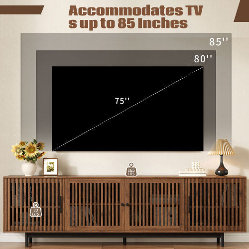 78.7 inch Walnut Slatted Door TV Stand Solid Rubber Wood Leg Media Console Holds 85 inch TV