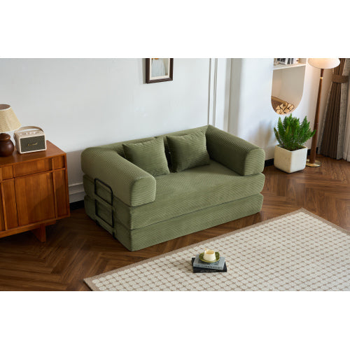 59-Inch Green Corduroy Convertible Sleeper Sofa-Bed Fixed-Shape Metal-Frame Floor Lounge Couch with Cylindrical Pillow No-Assembly