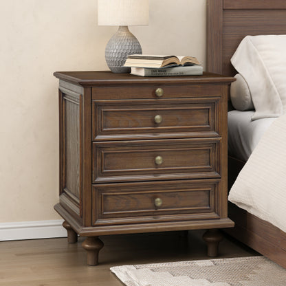 Walnut Brown Farmhouse Nightstand, 4 Drawers with Pull-Out Tray & Solid Wood Legs