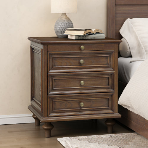 Walnut Brown Farmhouse Nightstand, 4 Drawers with Pull-Out Tray & Solid Wood Legs