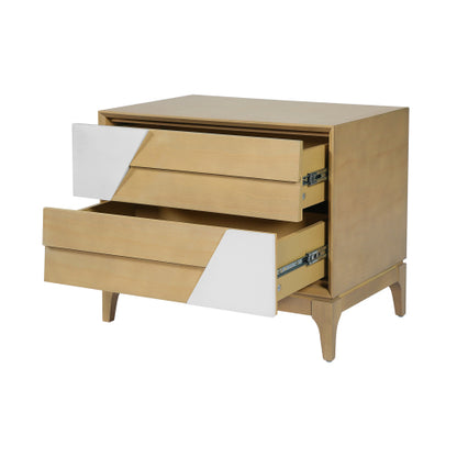Natural & Cream White Japandi Nightstand, 2-Drawer Angled Patchwork Side Table with Tapered Legs