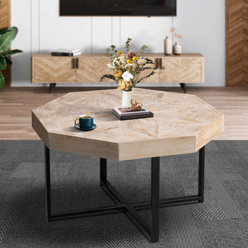 30 Inch Octagonal Patchwork Coffee Table, Antique Wood