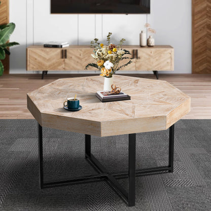 30 Inch Octagonal Patchwork Coffee Table, Antique Wood