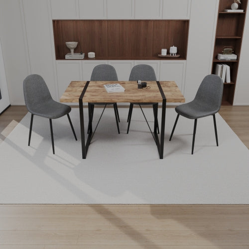 5-Piece Dark Wood & Black Metal Dining Set, Medieval MDF Table with 4 Waterproof Suede Chairs