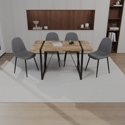 5-Piece Dark Wood & Black Metal Dining Set, Medieval MDF Table with 4 Waterproof Suede Chairs