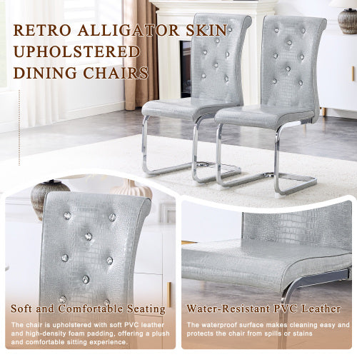 Set of 2 Retro Alligator Skin Faux Leather Dining Chairs, Crystal Buckle Design with Electroplated Metal Bow Legs