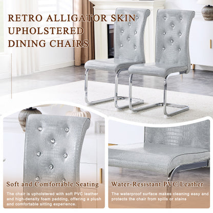 Set of 2 Retro Alligator Skin Faux Leather Dining Chairs, Crystal Buckle Design with Electroplated Metal Bow Legs