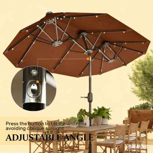 Spacious Outdoor Umbrella,Double-sided Outdoor Patio Umbrella,with Solar Lights and Base,Dining Table Umbrella Push Button Tilt