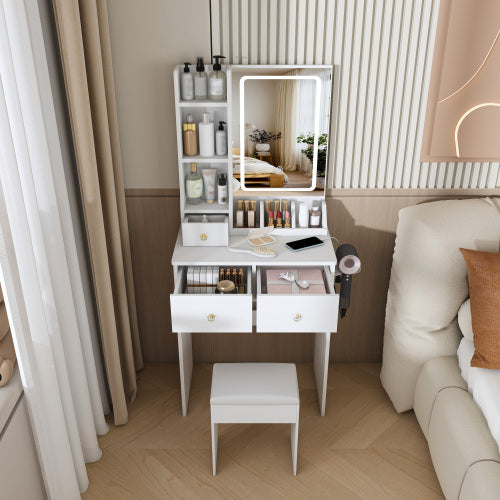 White Small Vanity Desk w/ 3-Color LED Mirror, 3 Drawers, Open Shelves, Power Outlet, Hair Dryer Holder & Chair