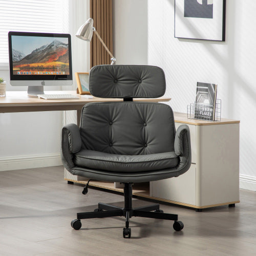 Criss Cross Chair with Adjustable Armrests & Wheels & Headrest, PU Lounge Vanity Desk Chair with Wide Seat for Cross-Legged Sitting, Swivel Task Office Chairs for Home, Makeup, Gaming, Office, Gray