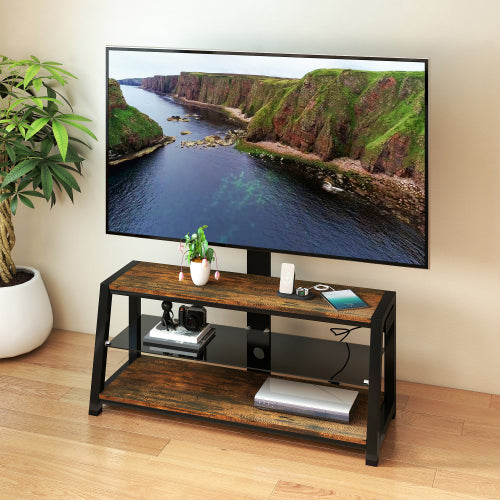 Rustic Brown Swivel TV Stand, Black Tempered Glass Height Adjustable Cart with Power Outlets for 32-65 Inch TV