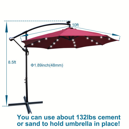 10 ft Outdoor Patio Umbrella Solar Powered LED Lighted Sun Shade Market Waterproof 8 Ribs Umbrella with Crank and Cross Base for Garden Deck Backyard Pool Shade Outside Deck Swimming Pool