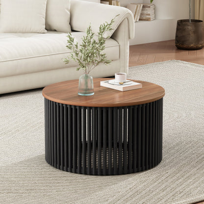 30inch  Acacia Solid Wood Round Coffee Table, Natural & Black Floating Top Accent Table