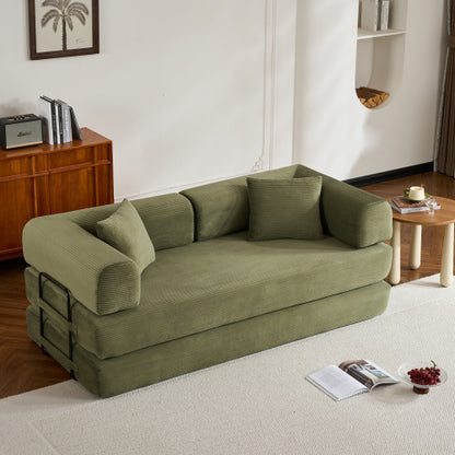 Green Corduroy Convertible Sleeper Sofa Bed with Cylindrical Pillow