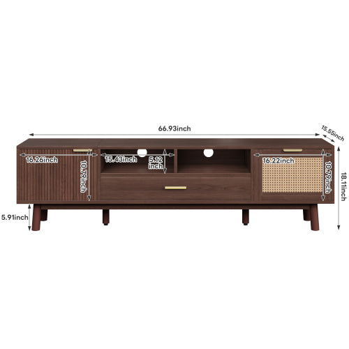 66.9 Inch Dark Brown Rattan TV Stand with Soft-Closing & Drop-Down Doors for 75 Inch TV