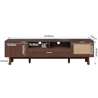 66.9 Inch Dark Brown Rattan TV Stand with Soft-Closing & Drop-Down Doors for 75 Inch TV