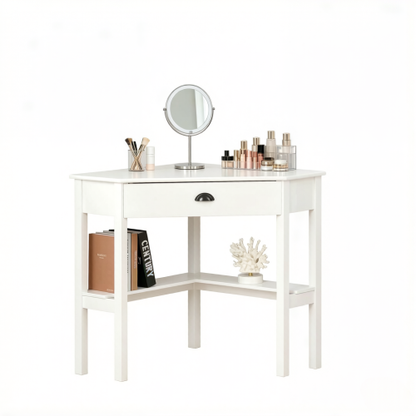 Triangle Corner Vanity Desk, Dressing Table with Drawer & 2 Shelves, 29.5 inch W, White
