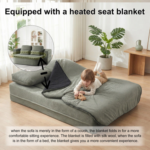 75 inch  Corduroy Convertible Floor Sofa Bed with Built-in Blanket & 4 Pillows