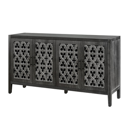 Antique Black Hollow Floral Four-Door Cabinet American Country Style Adjustable Layer Wooden Living Room TV Storage Cabinet