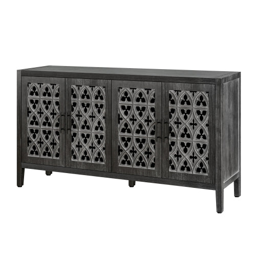 Antique Black Hollow Floral Four-Door Cabinet American Country Style Adjustable Layer Wooden Living Room TV Storage Cabinet