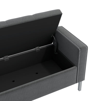 Square Arm Tufted Top Storage Bench Ottoman with Pewter Nailhead Trim in Plush Velvet in Charcoal Gray