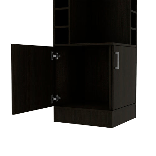 Corner Bar Cabinet, Eight Bottle Cubbies, Double Door, Two Open Shelves -Black